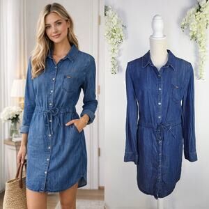Tommy Hilfiger Shirt Dress Size 14 Blue Denim Tie Waist Casual Preppy Minimalist